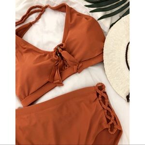 NEW 2 piece set orange bikini high waisted bottoms